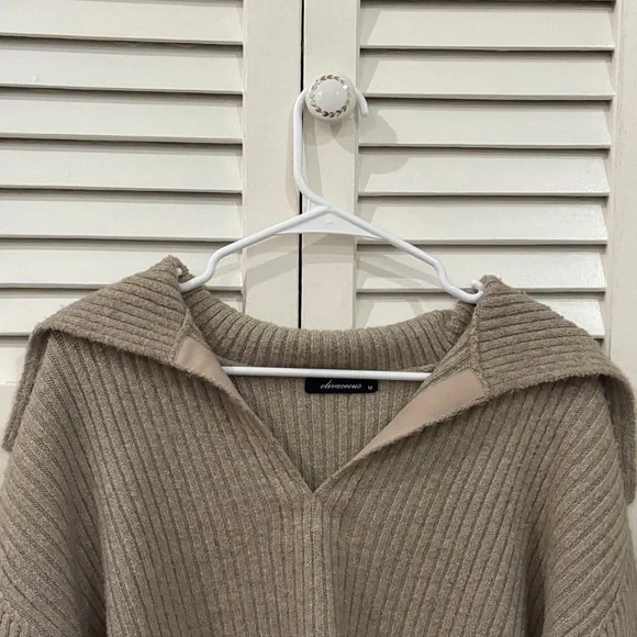 Women's Tan Deep V-Neck Sweater - Picture 3 of 13